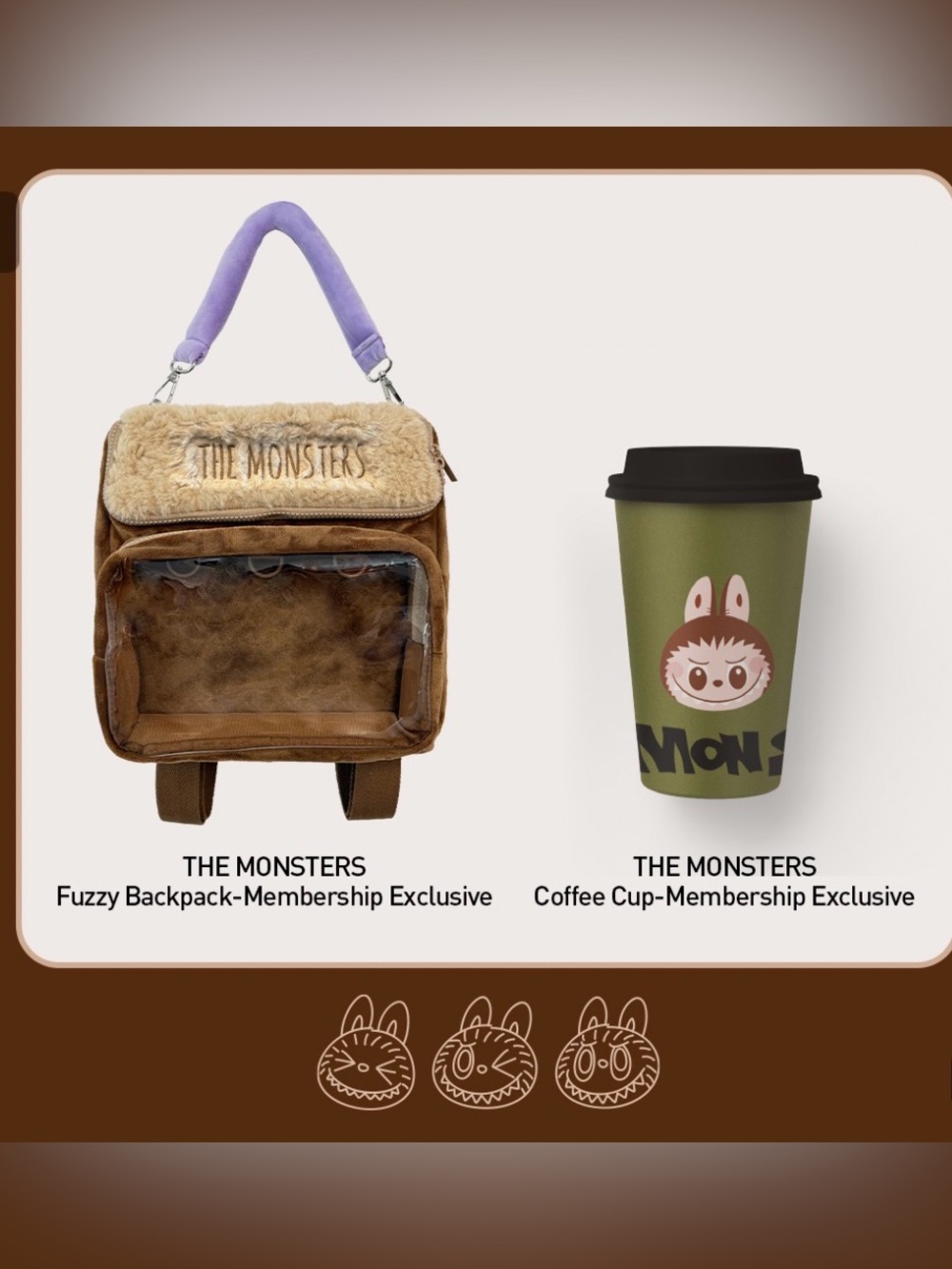 POP MART The Monsters Labubu fuzzy backpack & coffee cup (membership exclusive)